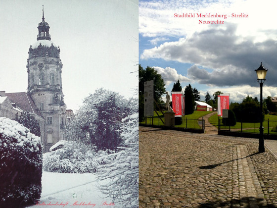 Schloss Neustrelitz Bildvergleich 1940 vs. 2017 Stadtbild Mecklenburg-Strelitz Skulpturen Winter Schlossturm