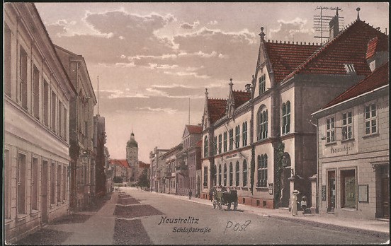 Neustrelitz Schloßstraße Hauptpost Schlossturm historische Ansichtskarte um 1912