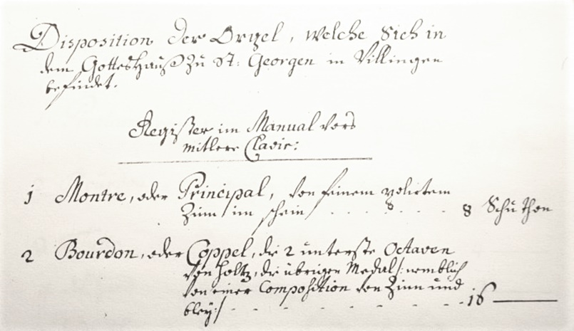 Disposition der Villinger Orgel als Dokument beim Verkauf nach Karlsruhe