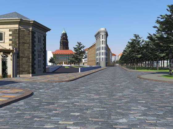 Lingnerallee Richtung Rathaus mit Torhaus